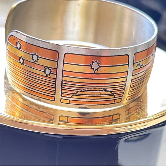 Wistful 70’s Beachy Sailboat Reed & Barton Silver & Orange Metal Cuff Bracelet - Picture 7 of 10